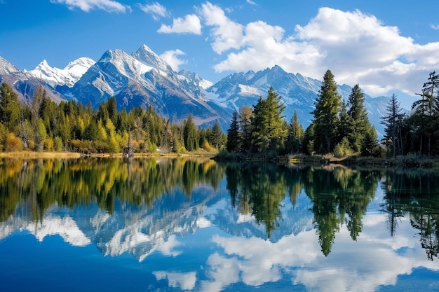 Beautiful scenery of trees and high snowy mountns reflecting in the clear lake