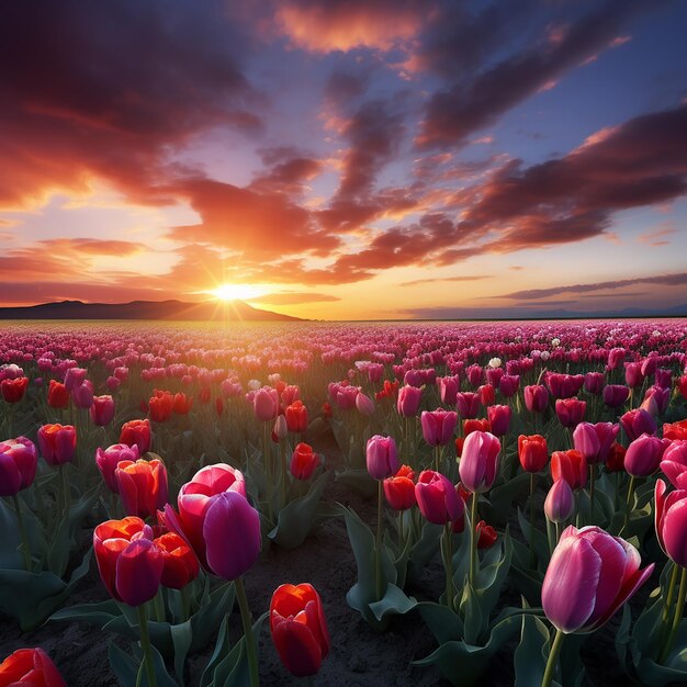 Красивый пейзаж поля тюльпанов под солнцем