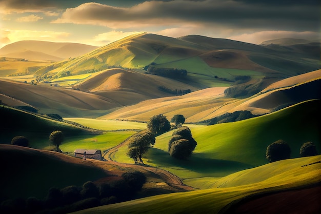 Beautiful scenery of tuscany italy hills at sunset Generative AI Generative AI