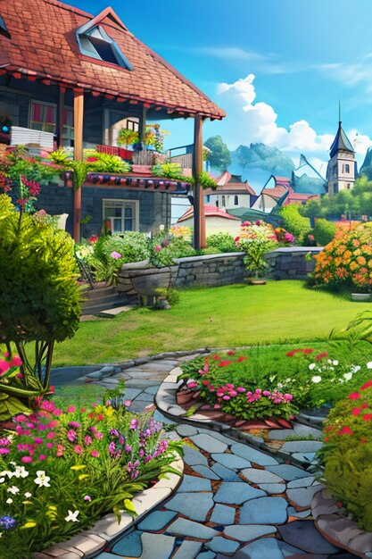 Beautiful scenery wallpaper background cartoon comic style outdoor mountain house grass flowers