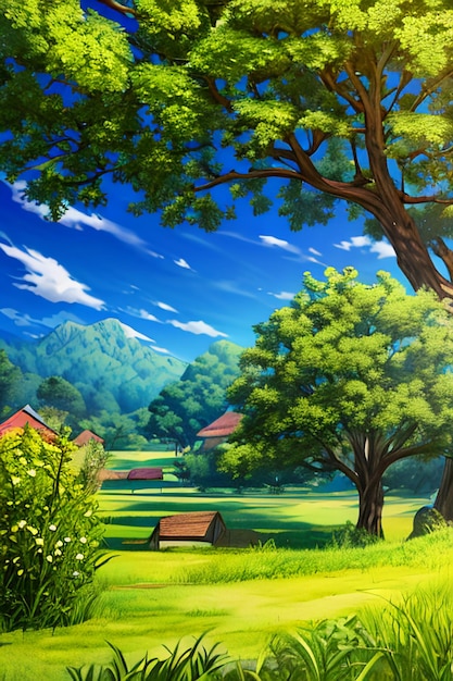 Beautiful scenery wallpaper background cartoon comic style outdoor mountain house grass flowers