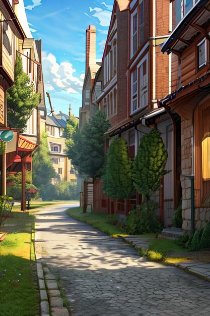 美しい風景の壁紙の背景漫画コミック スタイルの屋外の山の家草花