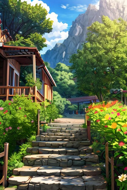 Beautiful scenery wallpaper background cartoon comic style outdoor mountain house grass flowers