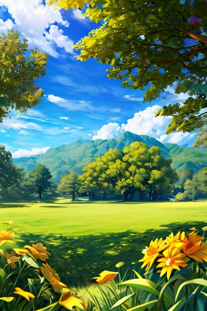 Beautiful scenery wallpaper background cartoon comic style outdoor mountain house grass flowers