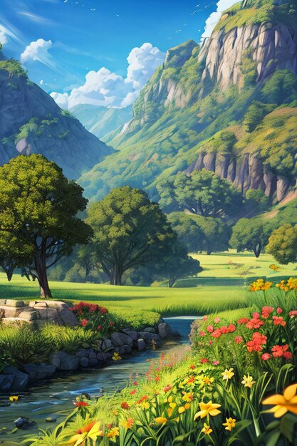 Beautiful scenery wallpaper background cartoon comic style outdoor mountain house grass flowers