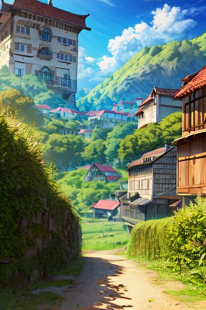 Beautiful scenery wallpaper background cartoon comic style outdoor mountain house grass flowers