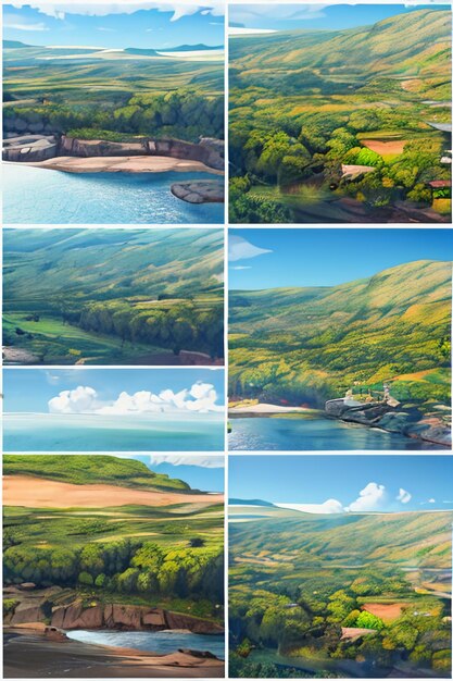 Photo beautiful scenery wallpaper background cartoon comic style outdoor mountain house grass flowers