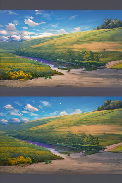 Фото Красивые пейзажи обои фон мультяшный комический стиль открытый горный дом трава цветы