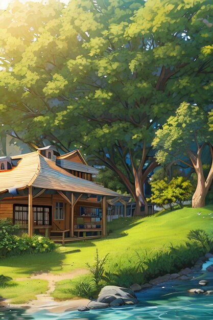 Beautiful scenery wallpaper background cartoon comic style outdoor mountain house grass flowers