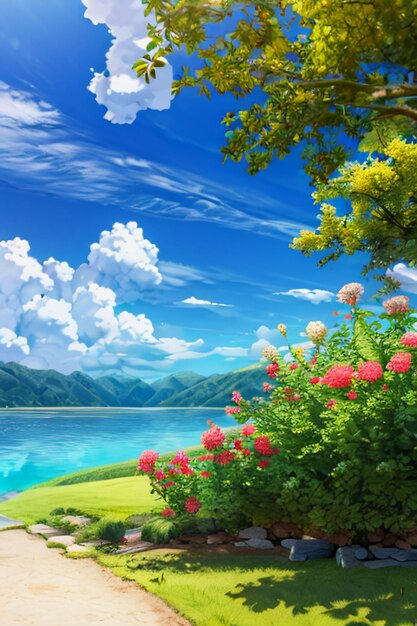 Beautiful scenery wallpaper background cartoon comic style outdoor mountain house grass flowers