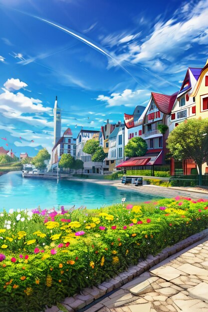 Beautiful scenery wallpaper background cartoon comic style outdoor mountain house grass flowers