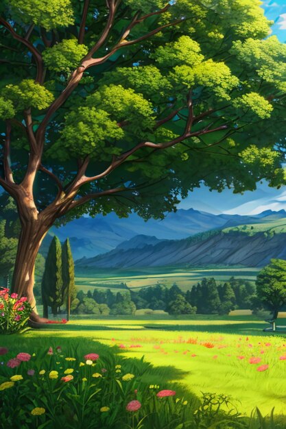 Beautiful scenery wallpaper background cartoon comic style outdoor mountain house grass flowers