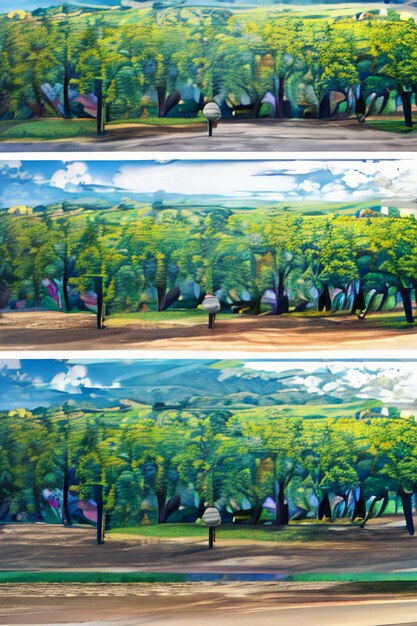 Beautiful scenery wallpaper background cartoon comic style outdoor mountain house grass flowers