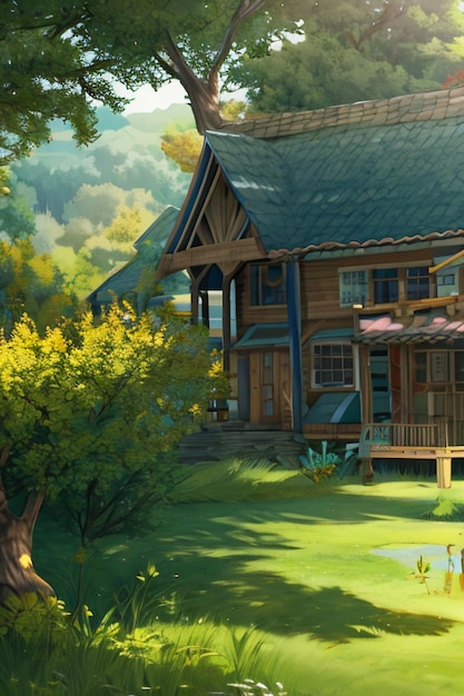 Beautiful scenery wallpaper background cartoon comic style outdoor mountain house grass flowers