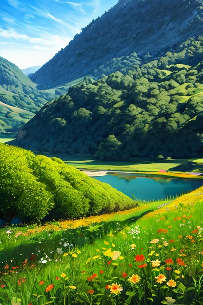 Beautiful scenery wallpaper background cartoon comic style outdoor mountain house grass flowers