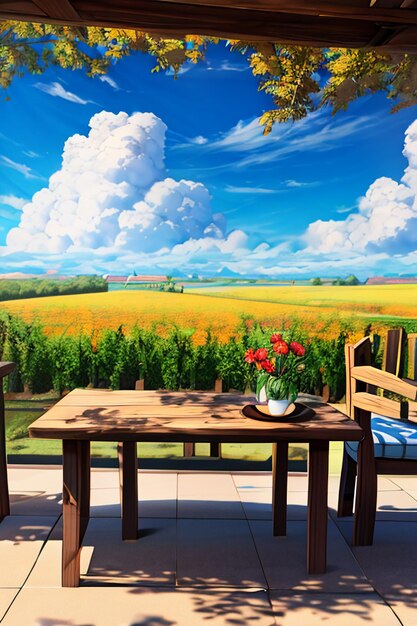 Beautiful scenery wallpaper background cartoon comic style outdoor mountain house grass flowers