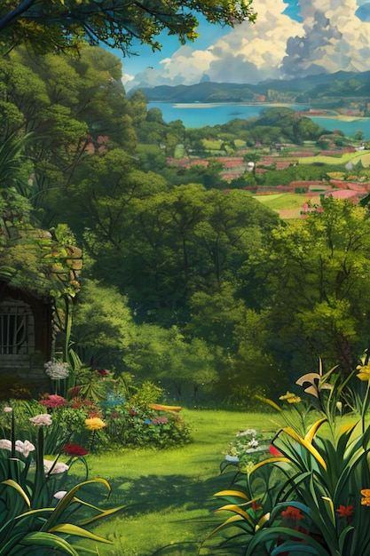 Beautiful scenery wallpaper background cartoon comic style outdoor mountain house grass flowers