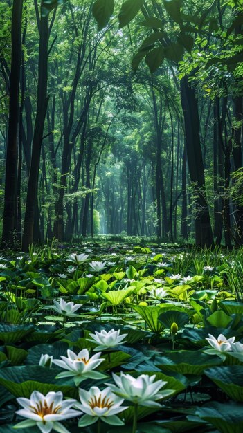 The beautiful scenery of the water lilies in the forest