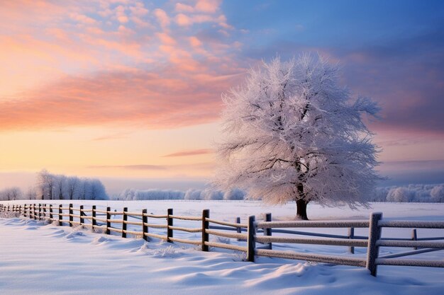 Beautiful scenery of a winter landscape with a wooden fence and thick trees