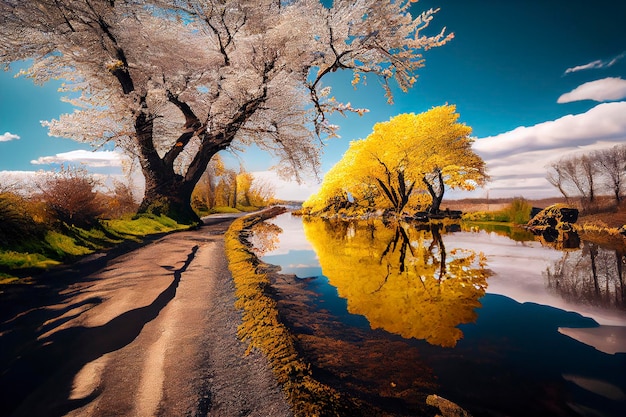 beautiful scenery with river and forest in spring and autumn, creative ai