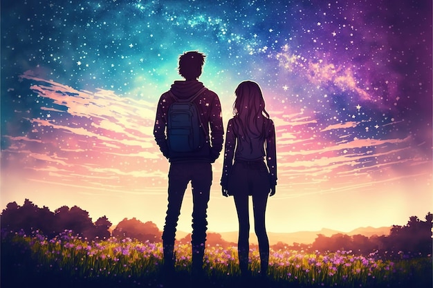 Beautiful scenery of the young couple standing in glowing flowers meadow and looking at sunset sky digital art style illustration painting fantasy concept of a young couple in meadow