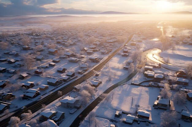 Photo a beautiful scenic charming aerial view of a small snowy cold town landscape at winters