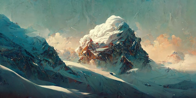 Splendida himalaya panoramica ricoperta di neve. illustrazione digitale, sfondo