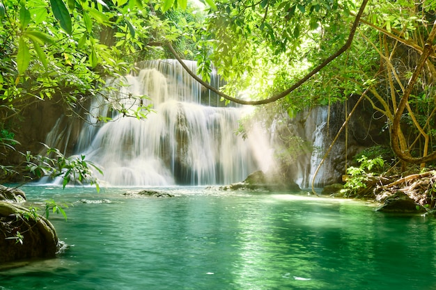 Beautiful scenic of Huai Mae Khamin Waterfall in Kanchanaburi, Thailand.