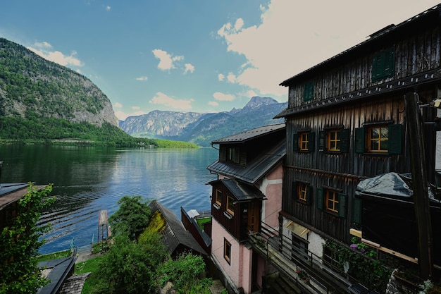 Beautiful scenic landscape over Austrian alps lake in Hallstatt Salzkammergut Austria