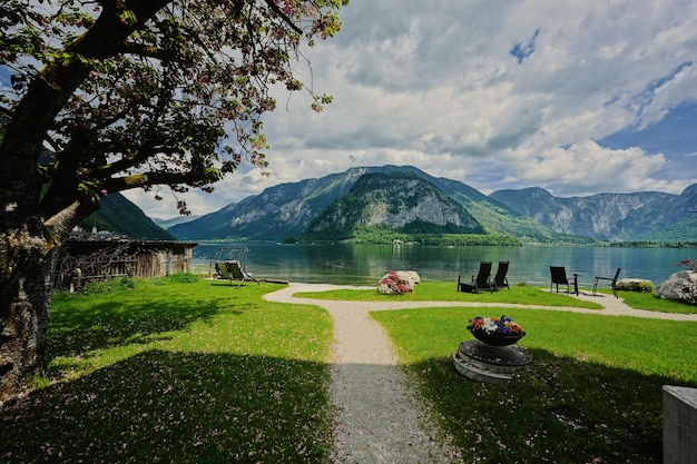 Beautiful scenic landscape over Austrian alps lake in Hallstatt Salzkammergut Austria