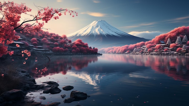 Beautiful scenic landscape of mountain Fuji or Fuji with reflection on lake at dawn