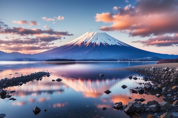 Photo beautiful scenic landscape of mountain fuji or fujisan with reflection on shoji lake at dawn with twilight sky in yamanashi prefecture japan famous travel and camping in 1 of 5 fuji lakes