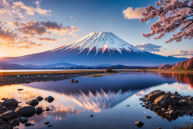 Beautiful scenic landscape of mountain Fuji or Fujisan with reflection on Shoji lake at dawn with twilight sky in Yamanashi Prefecture Japan Famous travel and camping in 1 of 5 Fuji lakes