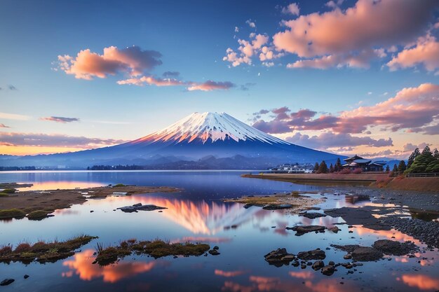 Photo beautiful scenic landscape of mountain fuji or fujisan with reflection on shoji lake at dawn with twilight sky in yamanashi prefecture japan famous travel and camping in 1 of 5 fuji lakes