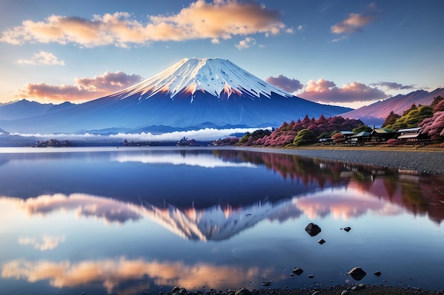 Beautiful scenic landscape of mountain Fuji or Fujisan with reflection on Shoji lake at dawn with twilight sky in Yamanashi Prefecture Japan Famous travel and camping in 1 of 5 Fuji lakes