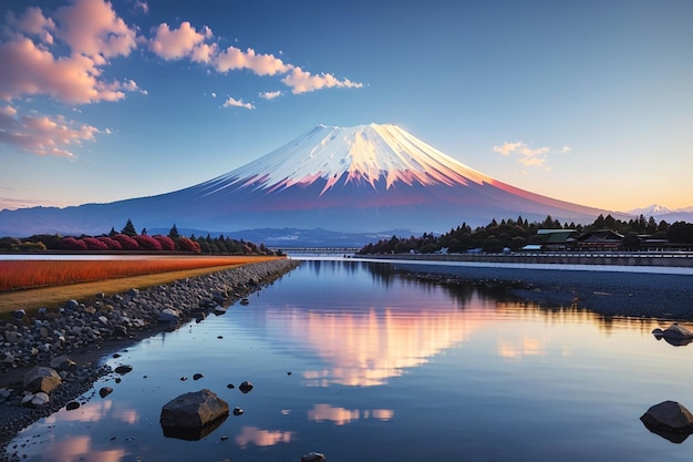 Photo beautiful scenic landscape of mountain fuji or fujisan with reflection on shoji lake at dawn with twilight sky in yamanashi prefecture japan famous travel and camping in 1 of 5 fuji lakes