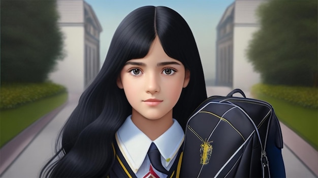 A beautiful school kid with school uniform dress and school bag background