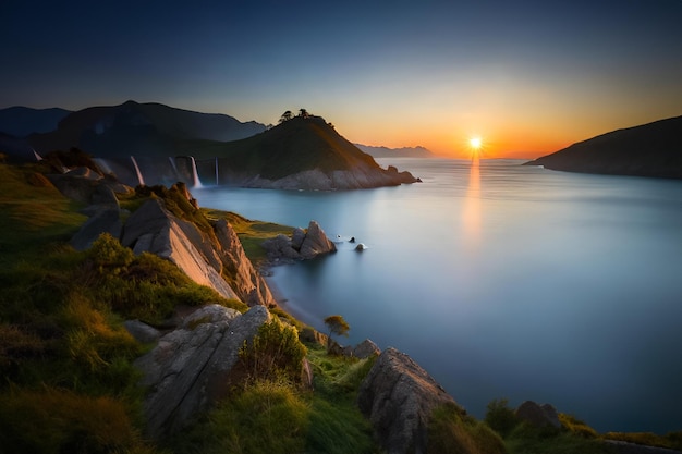 A Beautiful sea beach with sunset background ocean waves crashing on shore during daytime