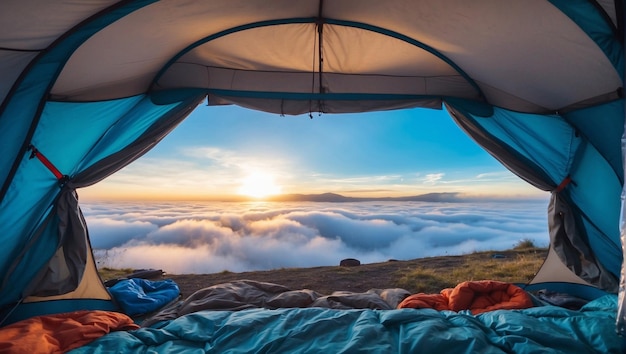 Beautiful a sea of clouds view from the inside of a camping blue tent