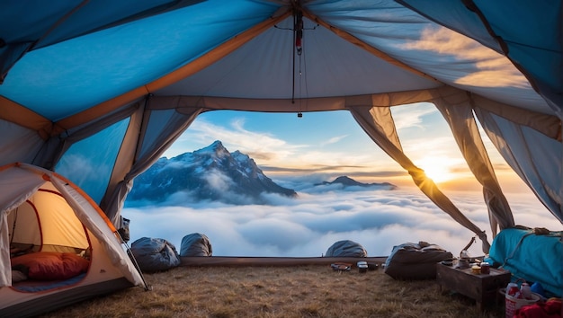 Beautiful a sea of clouds view from the inside of a camping blue tent