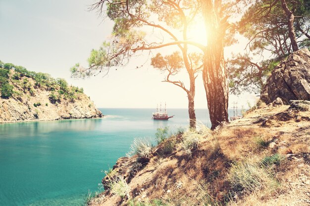 Beautiful sea coast "Paradise bay" near Kemer, Turkey. Vintage filter, retro effect