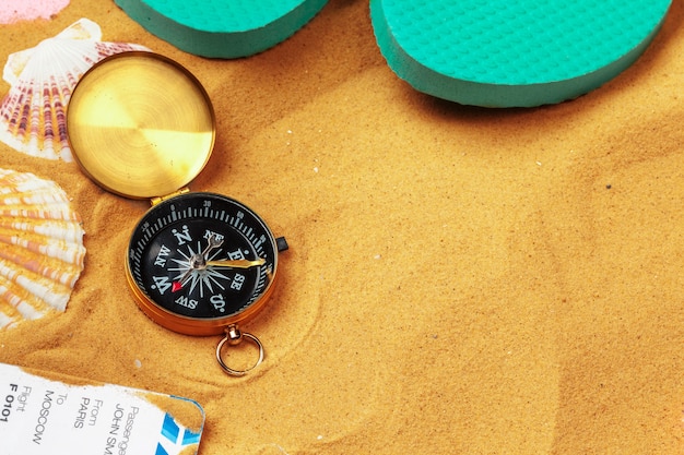 beautiful sea composition with shells and vintage compass