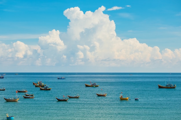 Beautiful sea landscape with round boat and turquoise water