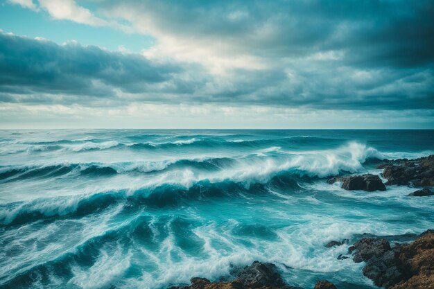 Beautiful sea landscape with waves of blue color