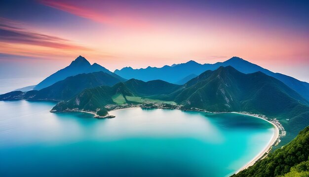 Foto bellissimo paesaggio naturale di mare e montagna