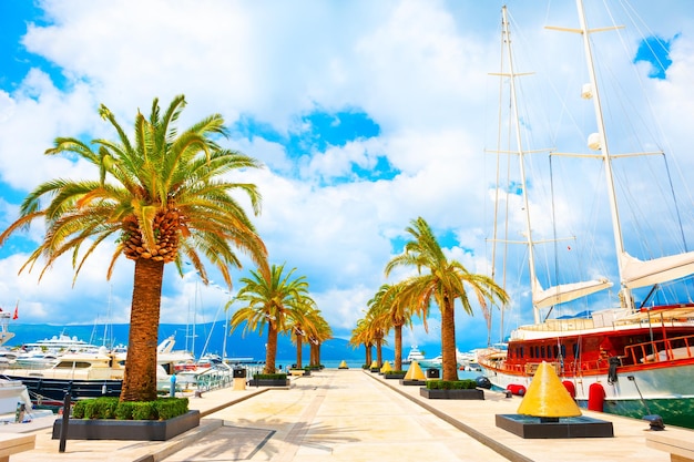 モンテネグロのティヴァトにある美しい海の遊歩道。ヨットのある港。コトル湾、アドリア海。有名な旅行先。