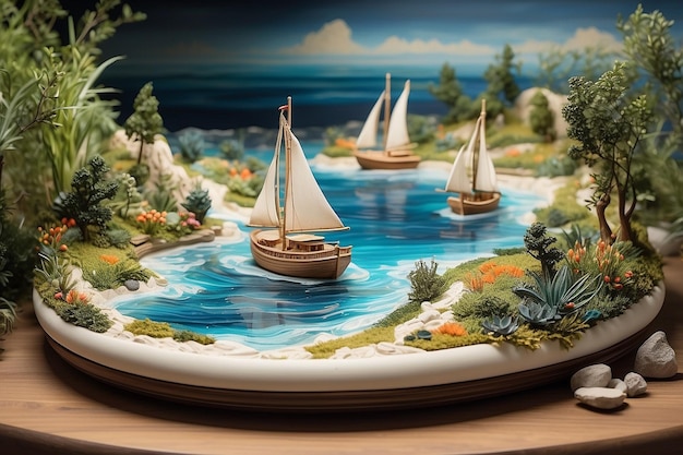 Photo beautiful sea and sailing boat miniature clay made