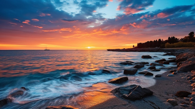 Beautiful sea sunrise over oceanAmazing colorful dark sunset clouds on summer