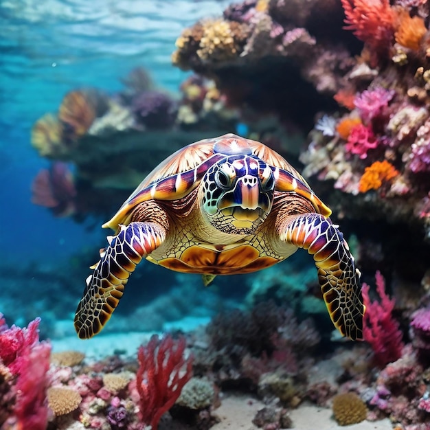A beautiful sea turtle swimming in the colorful reef