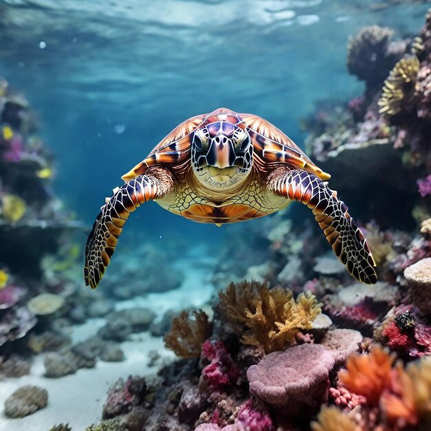 A beautiful sea turtle swimming in the colorful underwater reef